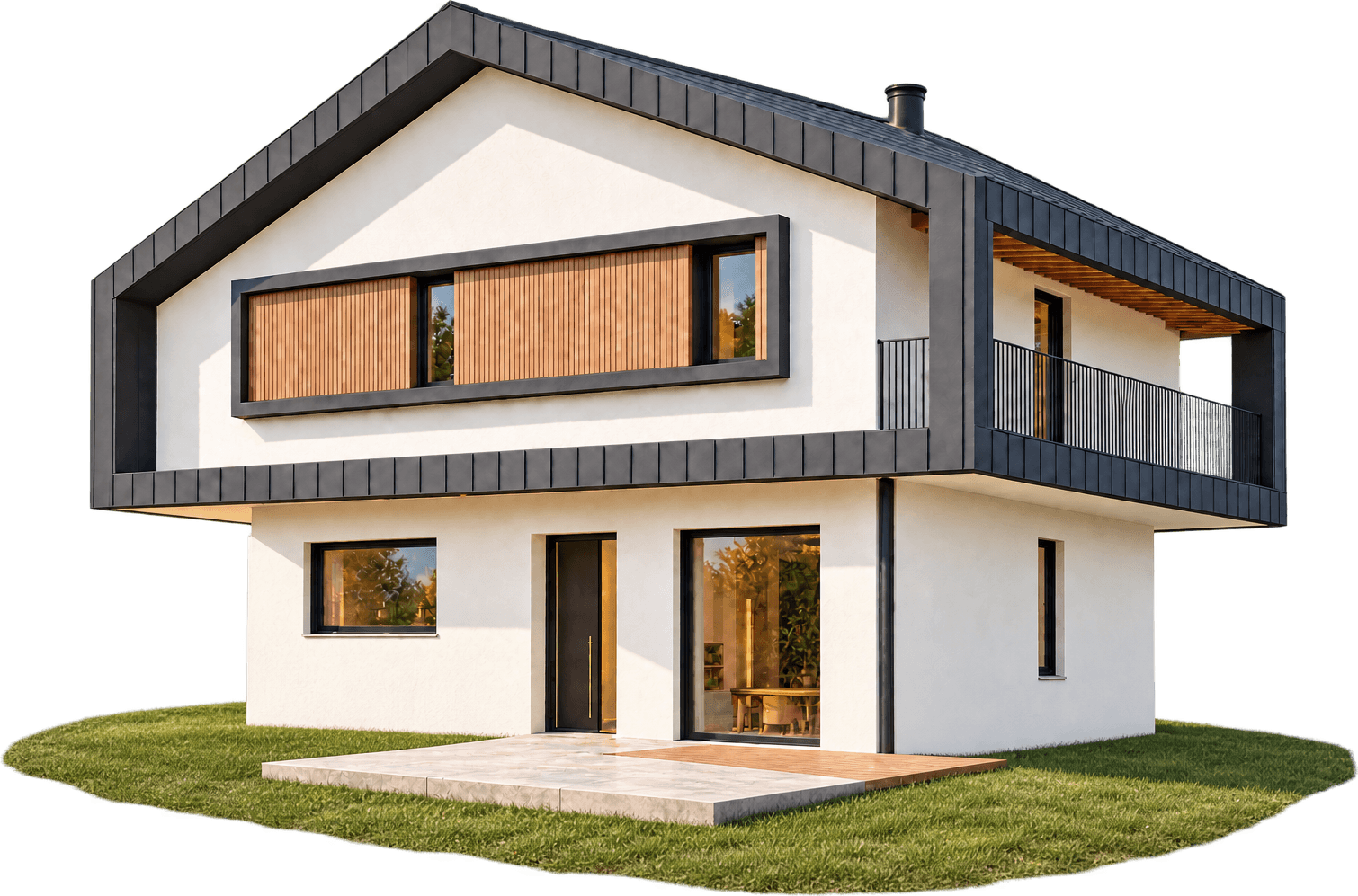 Villa contemporanea a due piani in intonaco bianco, cornice in lamiera scura e fascia in legno